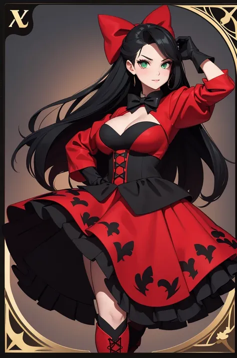 wonderland woman, Red and black pattern dress, Long black hair, green eyes, Long black gloves, Long red boots, Black bow tie on her back. holding red heart poker cards in hand