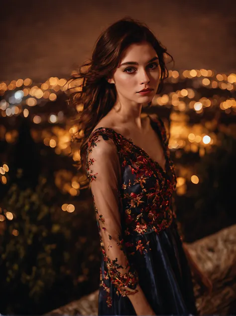 1girl, 20 years old, a beautiful girl ((looking at the night sky)), wearing an elegant and long dress, firework, a flame embroid...