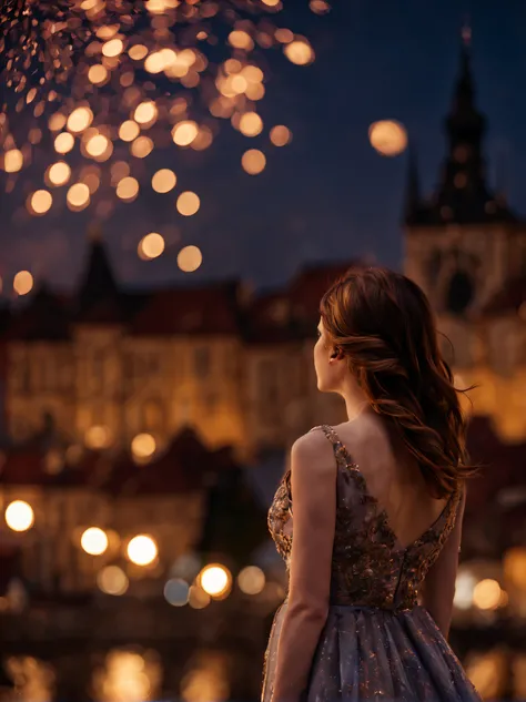 1girl, 20 years old, a beautiful girl ((looking at the night sky)), wearing an elegant and long dress, firework, a flame embroidered in the night sky, windy, prague, castle seen in the background, movie scene, cinematic light, very dark scene, (anamorphic ...