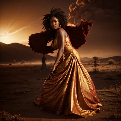 Wide angle shot of a beautiful african woman dressed in a red and gold African designed dress, with red smoke on the ground blowing with the wind, red sun in the background providing a moody atmospheric cinematic lighting, hyper-realistic image, 32k, ultra...