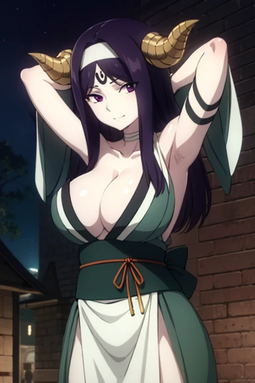 seilah, seilah, long hair, horns, purple hair, facial mark, forehead mark, (purple eyes:1.1), headband,
BREAK cleavage, japanese clothes, horns, choker, wide sleeves, kimono, sash, tattoos,
BREAK cowboy shot, looking at viewer, forest, dark sky, contrappos...