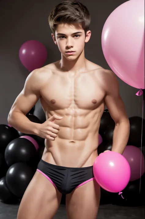 15-year-old boy, blowing up big pink balloon, wearing pink speedos, shirtless, abs, thin body, blowing up black balloons, popping black balloons, handsome, youthful, boyish, cute, photography, realistic, indoor soft lighting