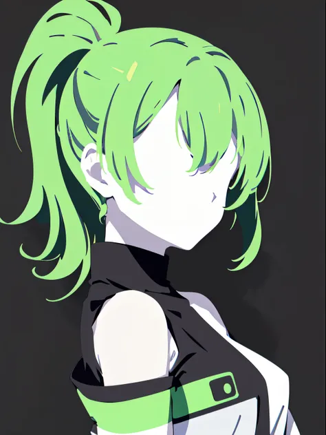 (masterpiece:1.2), (pale skin:1.2), (solo:1.2), (female:1.1), (emphasis lines:1.3), ponytail, green hair, vest, bare shoulders, (faceless), plain background