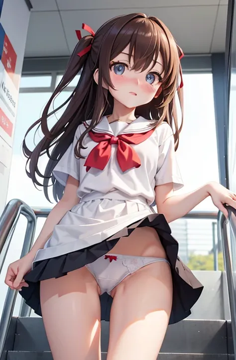 hair between eye, Hair Ribbon, Long hair, Brown hair, two side up, School uniform, Shirt, Short sleeves, Skirt, thighs thighs thighs thighs, White shirt, White skirt,BREAK looking at viewer,Romper (masutepiece:1.2), Best Quality, High resolution, (Beautifu...