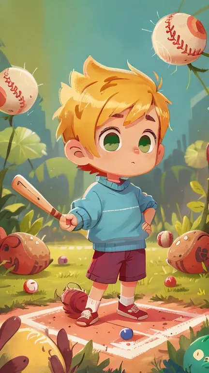 chibi character with short blonde hair wearing a blue jumper, with green eyes playing baseball