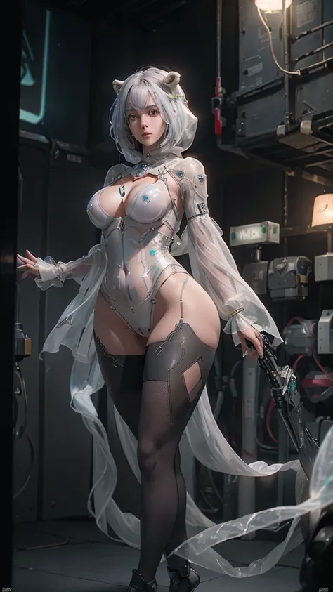 ((Highest quality)), ((masterpiece)), (the detail:1.4), (((Translucent mechanical parts and transparent skin++Aurora material++、++Gray carbon material++Beautiful woman wearing cyber tights))), LED emits light color, ((Wide chest)), The skin of the buttocks...