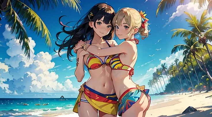 ​masterpiece、top-quality、超A high resolution、 [ 4 k digital art ]!!、 8k high quality detailed art、Wallpaper、 Detailed Digital Anime Art、Realisticity、Cinema Angle、hposing Gravure Idol、(((Two beautiful girls)))、((Hug your partner from behind))、cute  face、 ((D...