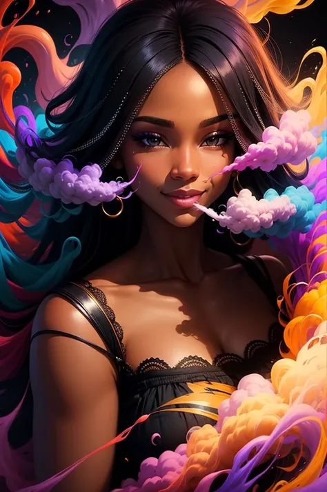 handsome and beautiful black woman smirking surrounded by colorful smoke