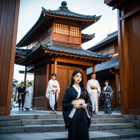 European style building in background，A group of people in kimonos in the foreground，Standing or sitting，Holding book Shima Yukio，Style screen