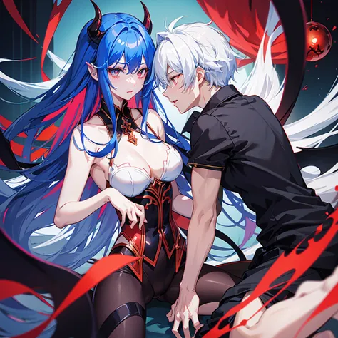 Demon king is a a guy.Demon queen is a girl.demon king has redy hair red eyes.demon queen has blue hair and blue eyes .demon king is kissing demon queen