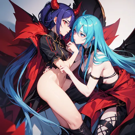 Demon king is a a guy.Demon queen is a girl.demon king has redy hair red eyes.demon queen has blue hair and blue eyes .demon king is kissing demon queen