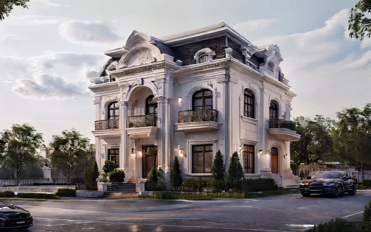 arafed white house with a car parked in front of it, neo - classical style