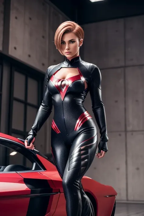 4k highly detailed realistic female superhero dressed in cropped carbon fiber, strawberryblonde short undercut bob hairstyle, ((sharp Jawline)), (full body Including Legs), Seduction and fantastic poses