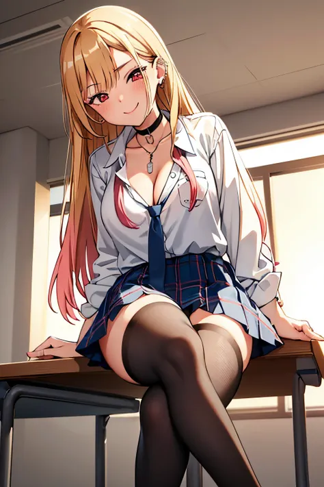 Masterpiece, Best Quality, High Resolutions, Kitagawa Marin, 1girl, alone, blonde hair, Long hair, hair with pink tips, red eyes, jewelry, necklace around the neck, choker, school uniform, white collared shirt, shirt long sleeve, dark blue tie, blue skirt ...