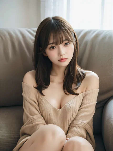 One girl sitting on a cozy sofa, Soft light, Detailed skin, (Long bangs:1,2), (Medium bust:1.0), (realphoto:1.4), (Best Quality: 1.0 ), (Ultra High Resolution:1.0), 8K, raw picture, (masutepiece:0.2), (PurerosFace_v1:0.5)