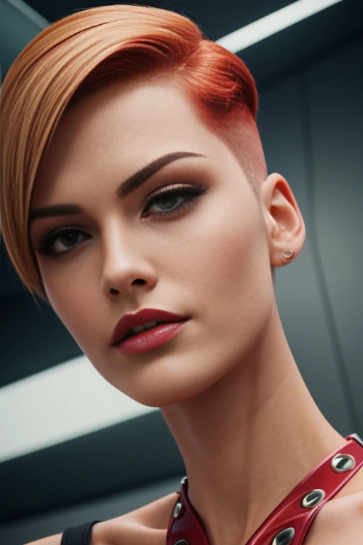 4k highly detailed realistic female supervillain, strawberryblonde short undercut bob hairstyle, ((sharp Jawline)), (full body Including Legs), Seduction and fantastic poses