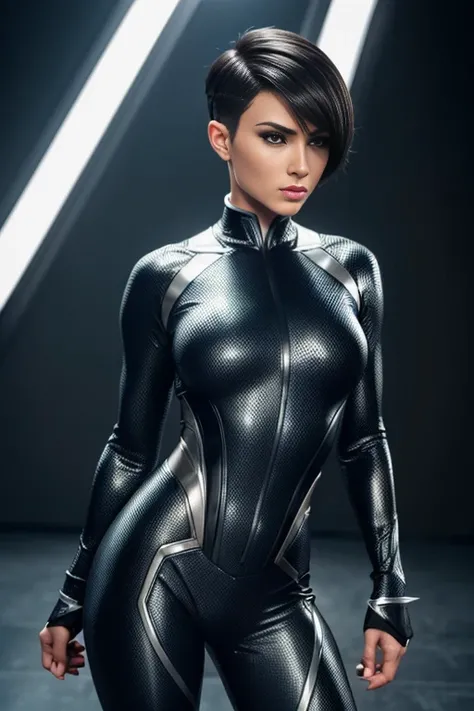 4k highly detailed realistic female superhero dressed in cropped carbon fiber, silver short undercut bob hairstyle, ((sharp Jawline)), (full body Including Legs), Seduction and fantastic poses