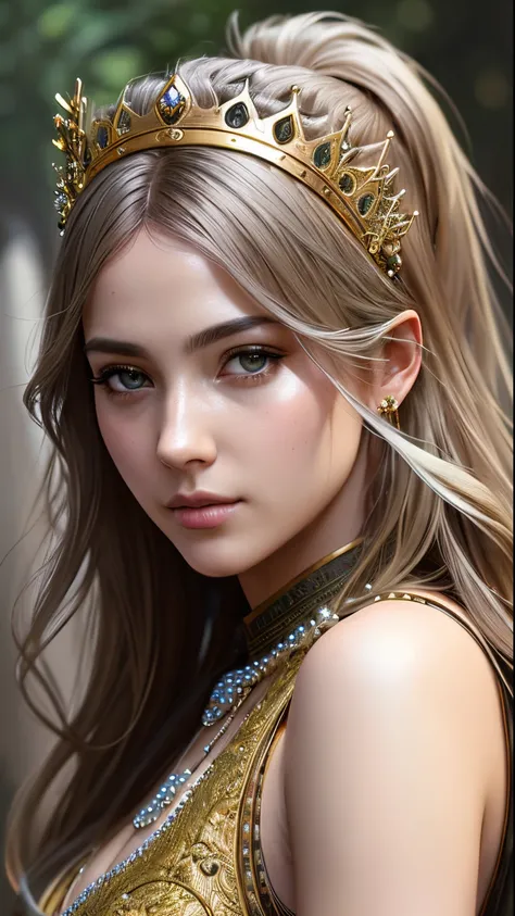 modelshoot style, (extremely detailed CG unity 8k wallpaper), full shot body photo of the most beautiful artwork in the world, english medieval witch, green vale, pearl skin,golden crown, diamonds, medieval architecture, professional majestic oil painting ...