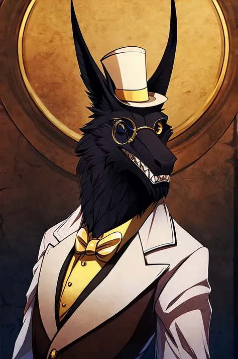 Mantled beast furry with gold top hat and monocle.