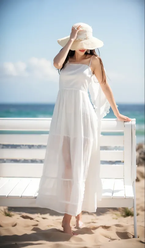 wearing a white skirt、Woman in hat standing on bench looking at sea, wears a white dress, wearing a flowing sundress, Soft silk dress, wearing a flowing skirt, A flowing dress, Wear a long skirt, cloth used, lady in white dress, Bali dress, by Anita Malfat...