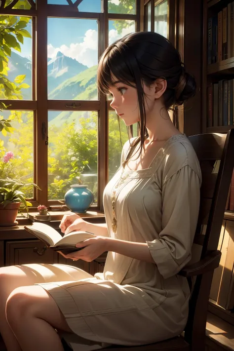 knowledge books,isolated girl,staring out the window,view outside the house,illustrative style,cozy atmosphere,warm sunlight,piled books,soft sunlight,calm room,lush greenery,quiet surroundings,dreamy scenery,magical atmosphere,daytime scene,warm colors,se...