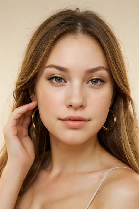 Front view of a magnificent young woman with brown eyes, this woman has blond black hair, luscious lips.