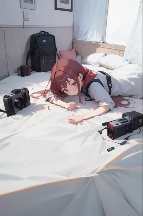 (indoor, minimalism room, minimalism, simple room), 1girl, lying, futon, small camera, backpack, masterpiece, best quality, 8k, perfect anatomy