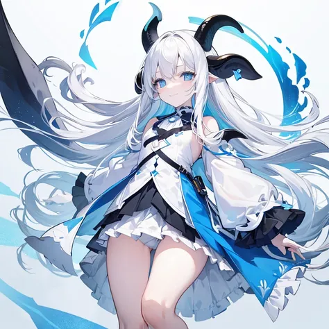 Cow horns and ears. No human ears. Long white hair. Blue eyes. Pale skin. Cute smile. White and blue outfit.