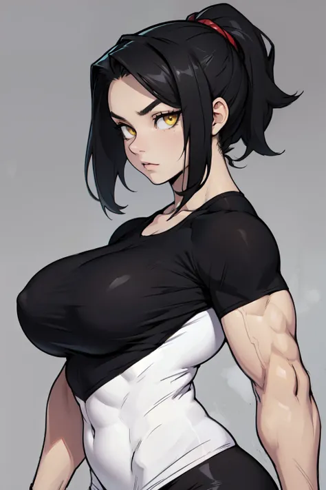 ((muscular girl)) huge breasts toned body black hair yellow eyes solo pale skin tight shirt solo solo