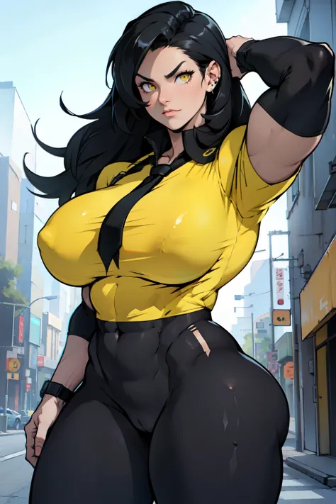 ((muscular girl)) huge breasts toned body black hair yellow eyes solo pale skin tight shirt solo solo