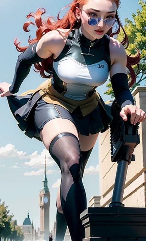 Dark Phoenix (Sophie Turner) wearing sexy sleeveless college uniform, skirt, knee long socks, walking in a park, sunny day