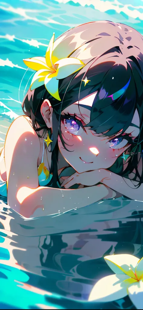 ((​masterpiece,hight resolution,8K picture quality,top-quality)),1girl in,((extra detailed face)),femele,Delicate eyes,((Purple eyes)),((hairstyle on:buzzcut,A dark-haired,Hair that hits the light is green)),lensflare,Dramatic makeup,Bikini swimwear,Smile ...