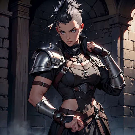 ​masterpiece, Best Quality, detailed, Cinematics, 4k, Background with: dark dungeon of european medieval castle, Mature female warrior wearing black assassin uniform#39;creed armor (dark gray mohawk hair)