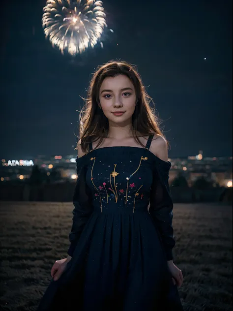 1girl, 20 years old, a beautiful girl ((looking at the night sky)), wearing an elegant and long dress, smile, happy, (firework: 1.2), a flame embroidered in the night sky, windy, prague, castle seen in the background, movie scene, cinematic light, very dar...