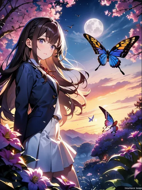 imaginative fantasy landscape, a storybook illustration, inky,having a good time,butterflys, flowers around,(fullmoon), iconic symbol,top-quality、facefocus、Soft light、Brown hair long hair、Navy blue blazer school uniform with red ribbon、Reddish-purple eyes、...