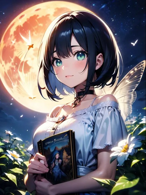 imaginative fantasy landscape, a storybook illustration, inky,having a good time,butterflys, flowers around,(fullmoon), iconic symbol,top-quality、facefocus、Soft light、Short bangla hair short bob、Kawaii Girl、Green eyes、Choker around the neck、 detail,