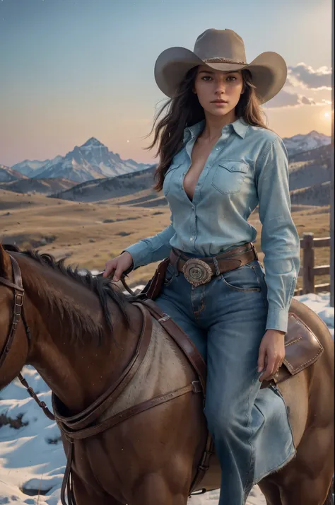 full shot, full body portrait, beautiful woman, aged25, riding a horse across a wyoming range, wearing shorts and (((fully unbut...