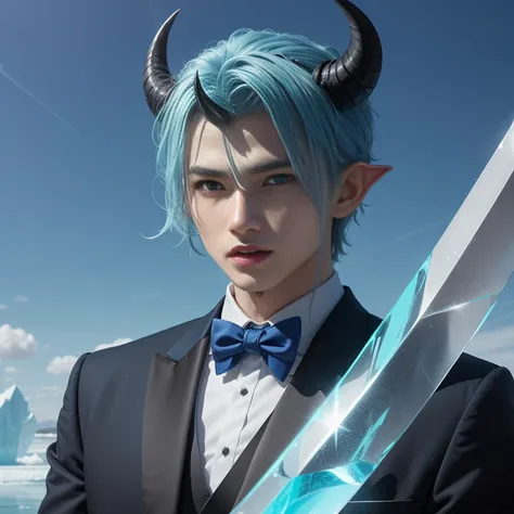 Blue Devil、blue hairs、Blue eyes、Big fangs、light blue tuxedo、Have an ice sword、The background is blue sky and icebergs、horns grow