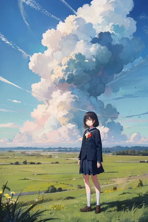 (1girl, tailored jacket, dark blue pleated skirt, school uniform), (full body, from bellow:1.2), absurdres, highres, ultra detailed, scenery, landscape, (wide shot:1.4), (grasslands, blue sky, cumulonimbus cloud:1.3), (soft focus, diffusion Filter), dreamy...