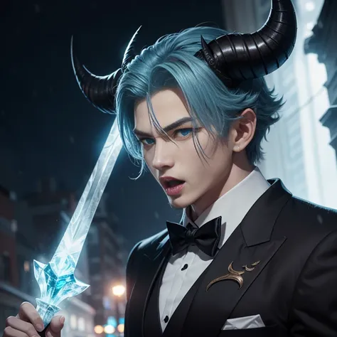 Blue Devil、blue hairs、Blue eyes、Big fangs、light blue tuxedo、Have an ice sword、Severe snowstorm、horns grow