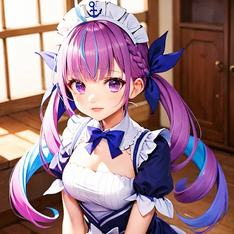 ​masterpiece、top-quality、Hi-Res、女の子1人、Virtual YouTuber、Minato Akua、Long、multi color hair、doress、Twin-tailed、Maid headdress、Color Inner Hair、Purple eye、Anchor Symbol、blue hairs、bow ribbon、Two-tone hair、shortsleeves、Braids、Blue Dress、Wrist cuffs、bow ribbon、b...