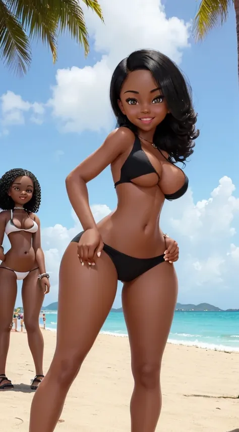 ((Black Girl)) ((1.52 tall)) ((Blonde Blackpower Hair)) ((Round Face)) ((Infectious Smile)) ((Perfect Breasts)) ((Perfect Butt)) ((Toned Legs )) ((Perfect body)) ((Standard pose on a beach with other women far away in the background)) ((high quality)) ((us...