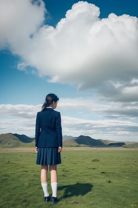 (1girl, tailored jacket, dark blue pleated skirt, school uniform), (full body, from bellow:1.2), absurdres, highres, ultra detailed, scenery, landscape, (wide shot:1.4), (grasslands, blue sky, cumulonimbus cloud:1.3), (soft focus, diffusion Filter), dreamy...