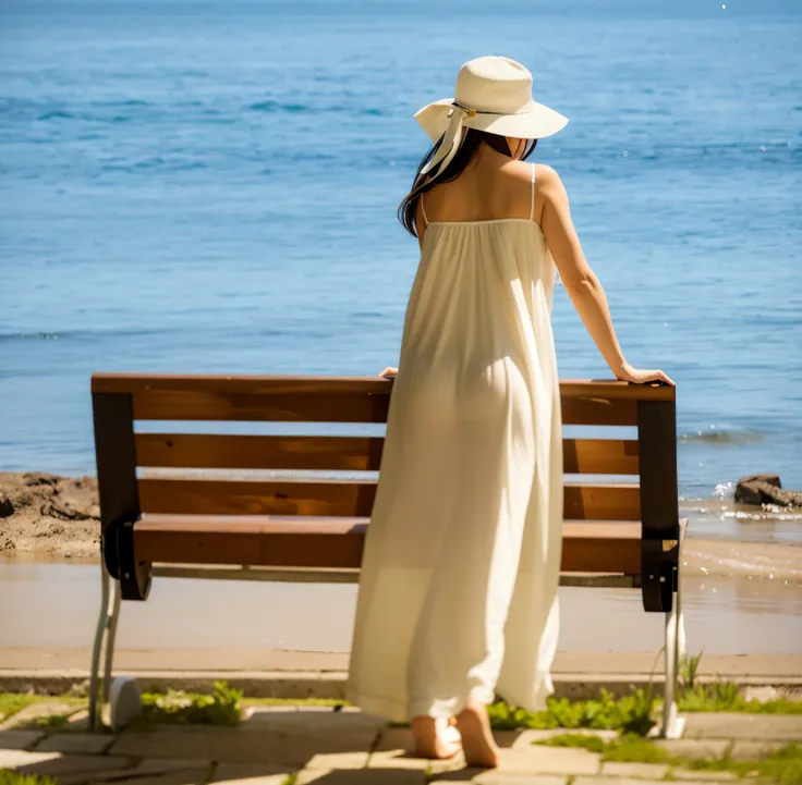 Woman in white dress and hat sitting on bench by water, Wearing white gauze, lady in white dress, wears a white dress, with white cloth, Wear summer clothes, white  clothes, wearing a flowing sundress, sun skirt, The white, Soft silk dress, A flowing dress...