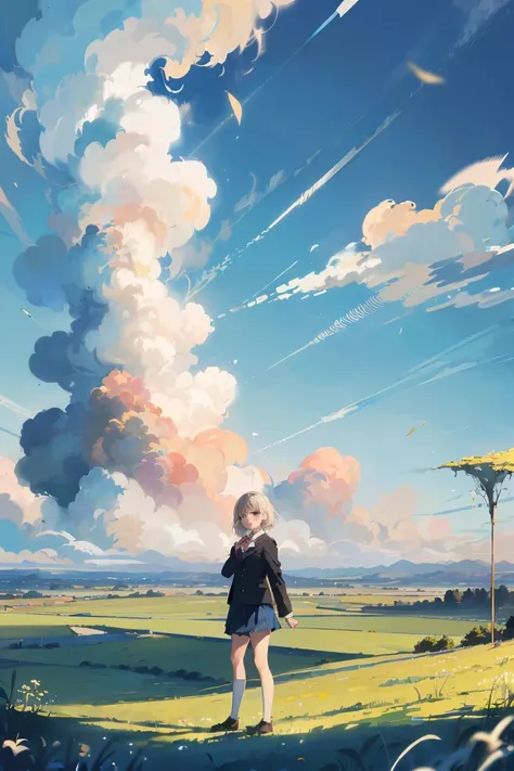 (1girl, tailored jacket, dark blue pleated skirt, school uniform), (full body, from bellow:1.2), absurdres, highres, ultra detailed, scenery, landscape, (wide shot:1.4), (grasslands, blue sky, cumulonimbus cloud:1.3), (soft focus, diffusion Filter), dreamy...