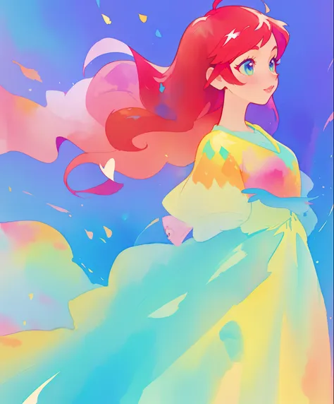 beautiful girl in colorful gradient princess ballgown, long flowing red pink hair, colorful fantasia background, watercolor illustration, disney art style, beautiful digital illustration, beautiful, masterpiece, best quality, anime disney style, beautiful ...