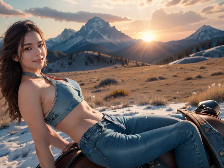 Full shot, full body portrait, beautiful woman, smiling coyly, aged25, riding a horse across golden Wyoming grasslands, wearing (((denim shorts))) and (halter top), no hat, long flowing hair, beautiful tanned legs, 8 k lighting, sunset sky, snow-capped mou...