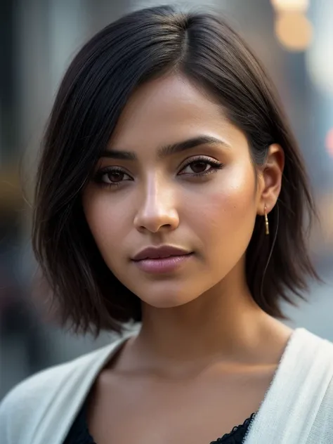 closeup of a Latina woman, dark hair, city, natural skin texture, 24mm, 4k textures, soft cinematic light, RAW photo, photorealism, photorealistic, intricate, elegant, highly detailed, sharp focus, ((((((cinematic look)))), soft tones, insane details, intr...