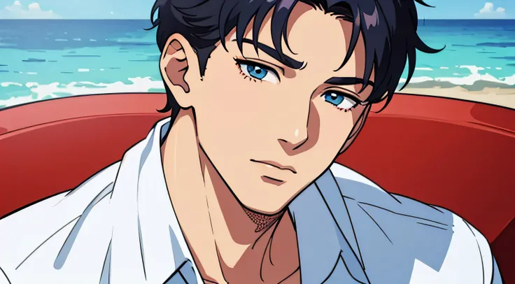 masterpiece, best quality, ultra high detailed,full-color, 1 boy, anime style, portrait shot of a handsome 24 year old male, at beach, stunning landscape , the boy is very handsome, his face has perfect ratio, detailed face, very short hair big beautiful y...