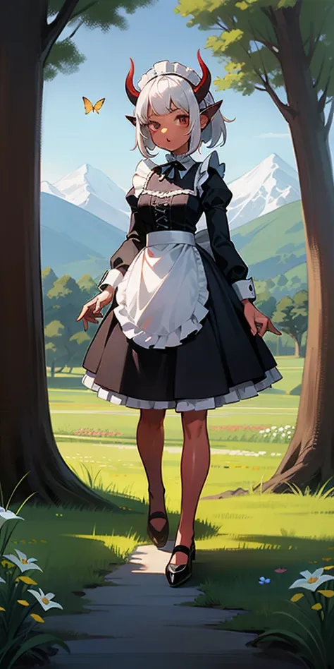 1 girl, oni girl, red skin, horns, white hair, white maid apron, maid headdress, maid skirt, (victorian maid dress), puffy sleeves, explorer, researcher, fascinated expression, full body portrait, outside, forest, mountains, butterflies, flowery meadow